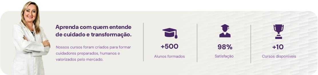 Aprenda com quem entende de cuidado e transformação. +500 alunos formados, 98% de satisfação, +10 cursos disponíveis.